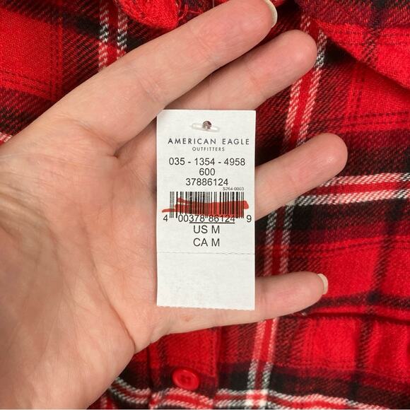 American Eagle Red Plaid Flannel Button Front Cropped Shirt Sz.M NWT - Picture 6 of 12